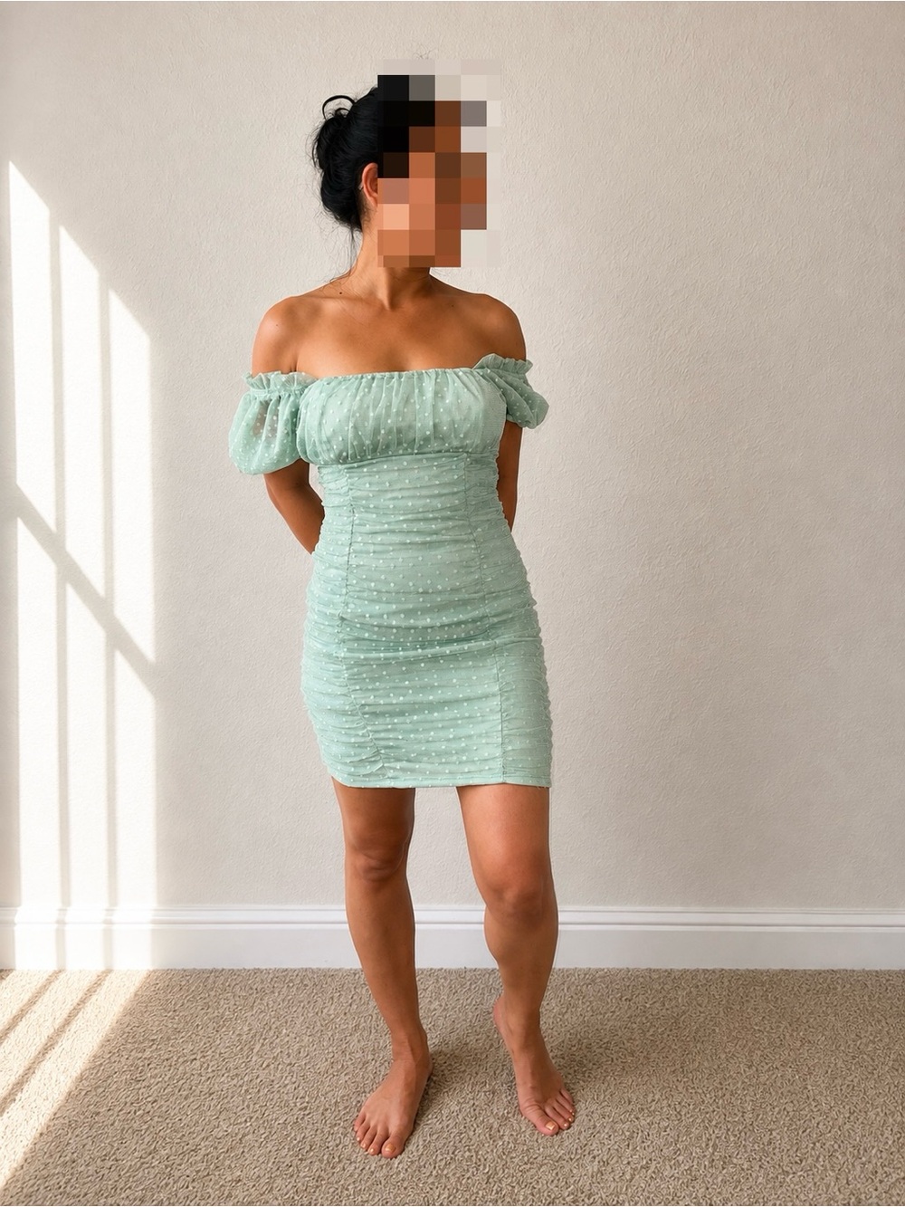 Mint Green Off-Shoulder Puff Sleeve Mini Dress